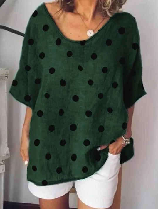 Casual Round Neck Cotton-Blend Polka Dots Tops