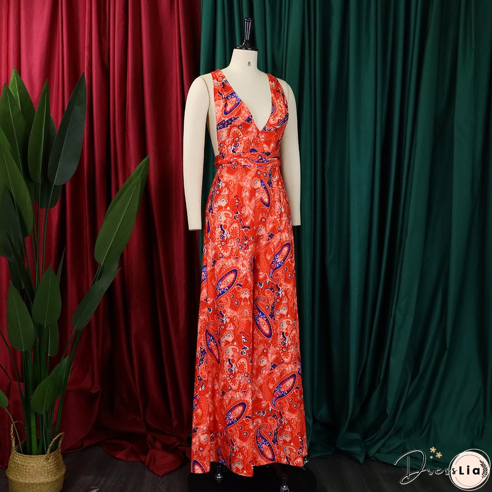 Plus Size Women African Print Halter Neck Beach Jumpsuit