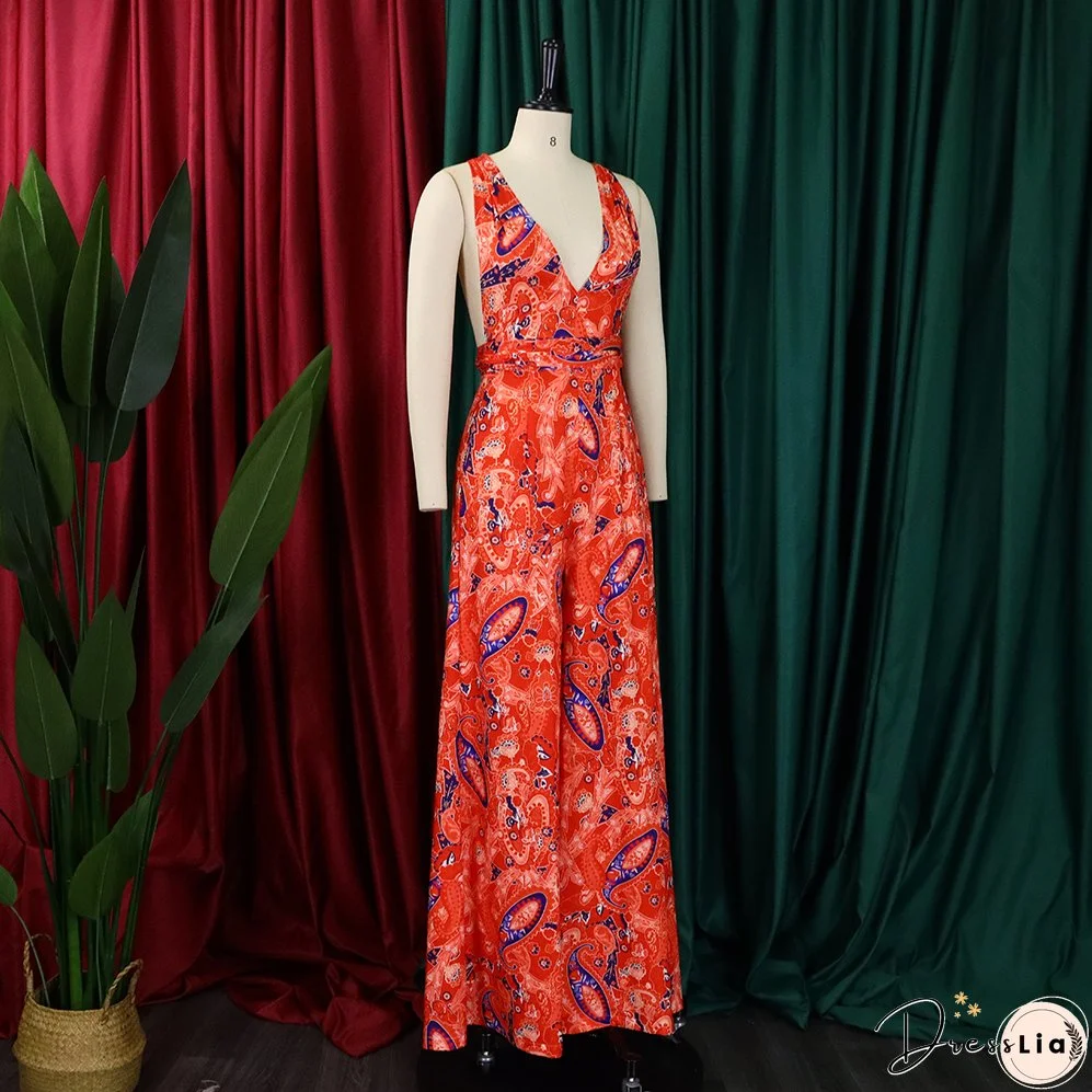 Plus Size Women African Print Halter Neck Beach Jumpsuit