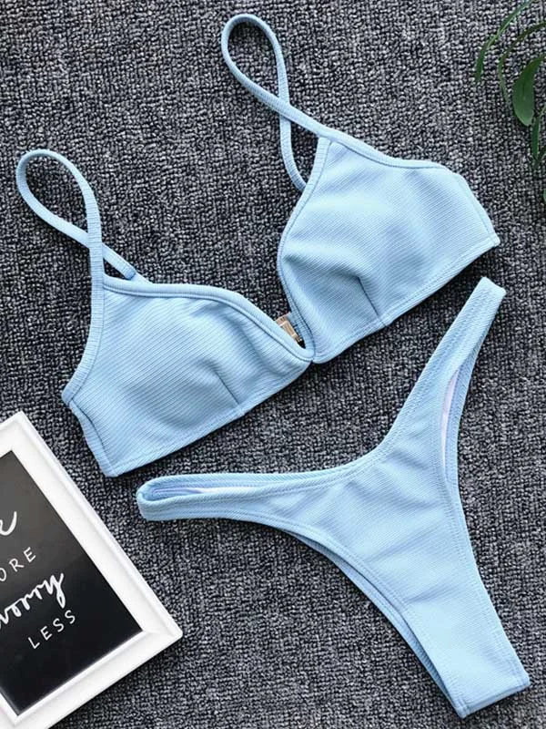 Plain V Wired Ribbed Thong Bikini Swimsuit