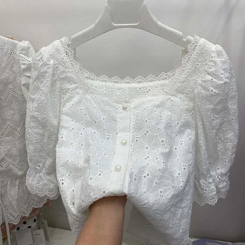 Chic Embroidery Lace Blouse Women Tops Summer Cutout Vintage French Square collar Causal White Shirt Women Blusas