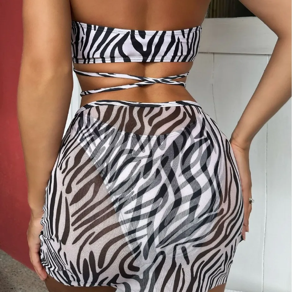 Brownm 2023 New Striped Print Drawstring With Three-Piece Swimsuit Bikini Swimsuit