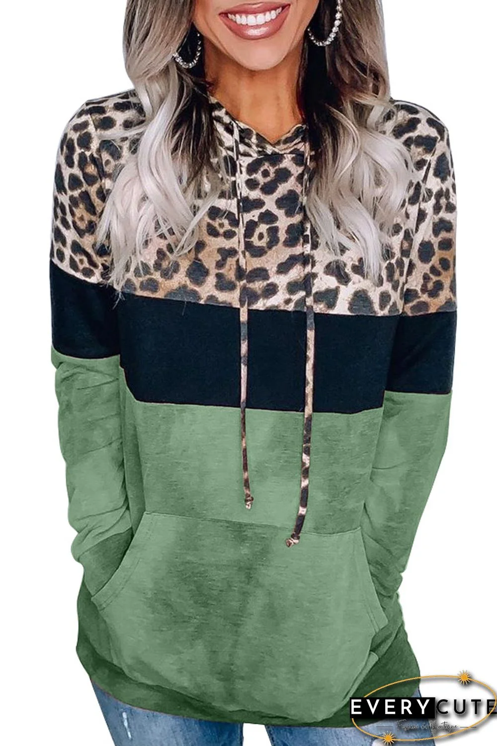 Green Leopard Tie Dye Colorblock Hoodie