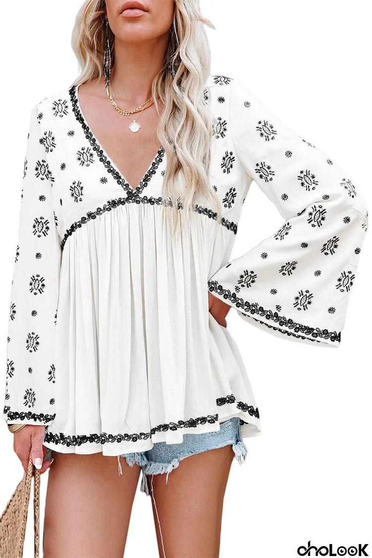 V Neck Embroidered Flare Sleeve Pleated Hem Top