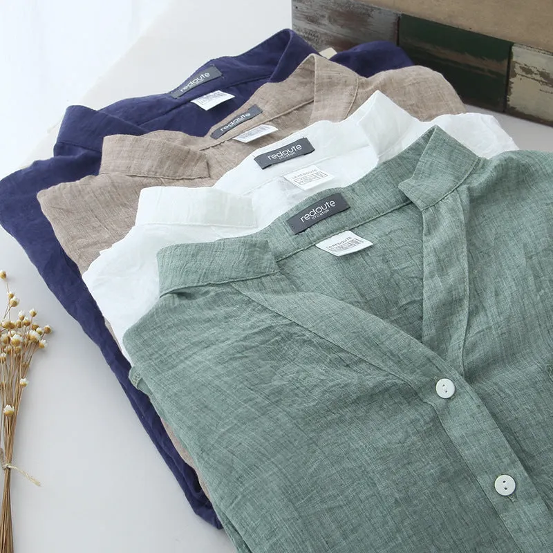 Brownm Fresh Loose Cotton Linen Three-quarter Temperament Commute Sleeve Collar Women's Shirt