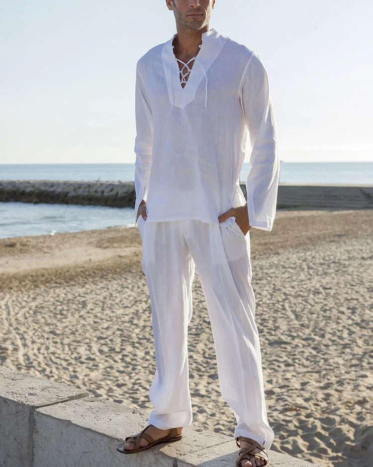 Men’s Casual Loose Linen Shirt and Pants Two-Piece Set