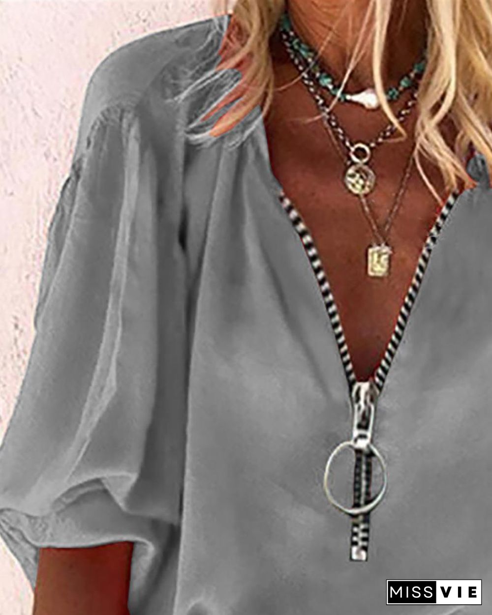 Lantern Sleeve Zipper Design Casual Top P13062