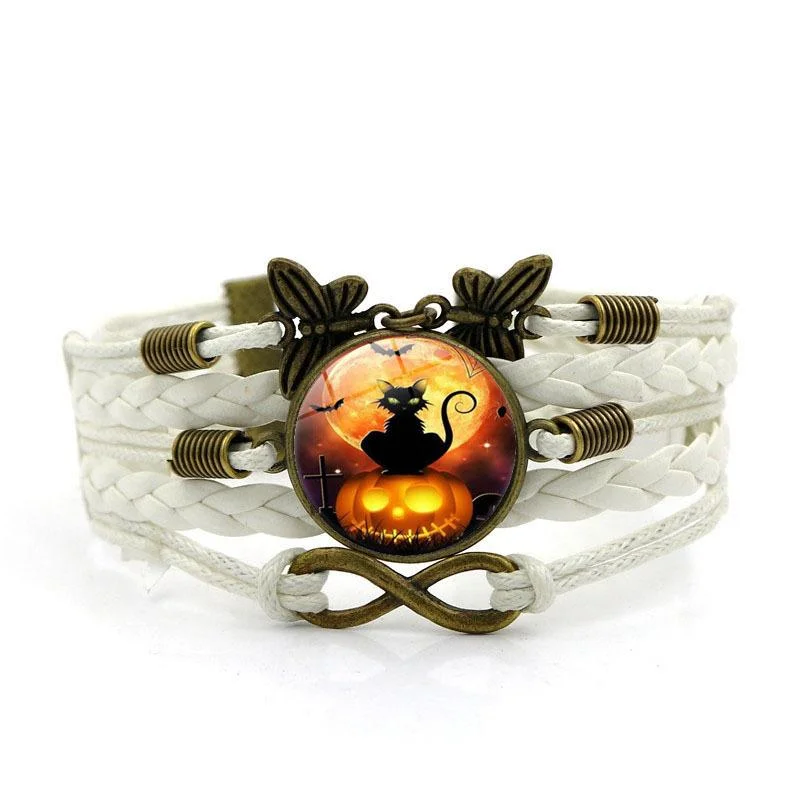 Halloween Black Cat Time Gem Bracelet Butterfly  Hand Rope Jewelry