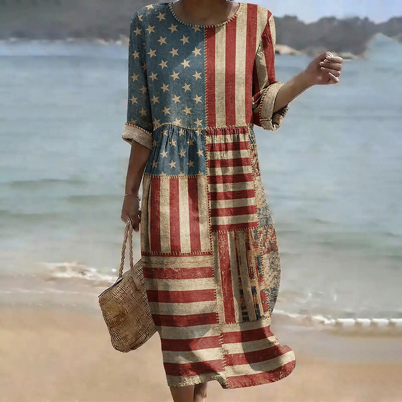 Comstylish Women's Vintage Independence Day Flag Art Print Midi Dress