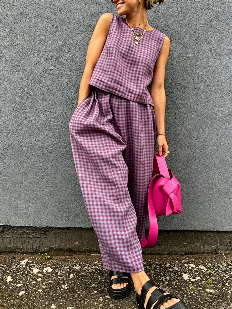 Retro Plaid Sleeveless Top& Wide-leg Pants Two-piece Set