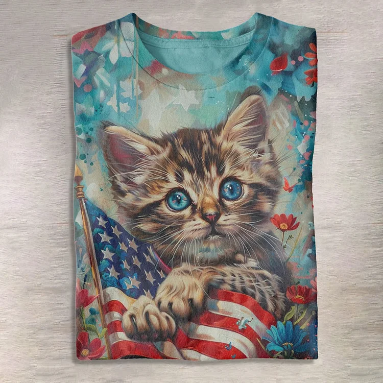 Women's Vintage American Flag Kitten Print Short-sleeved T-shirt