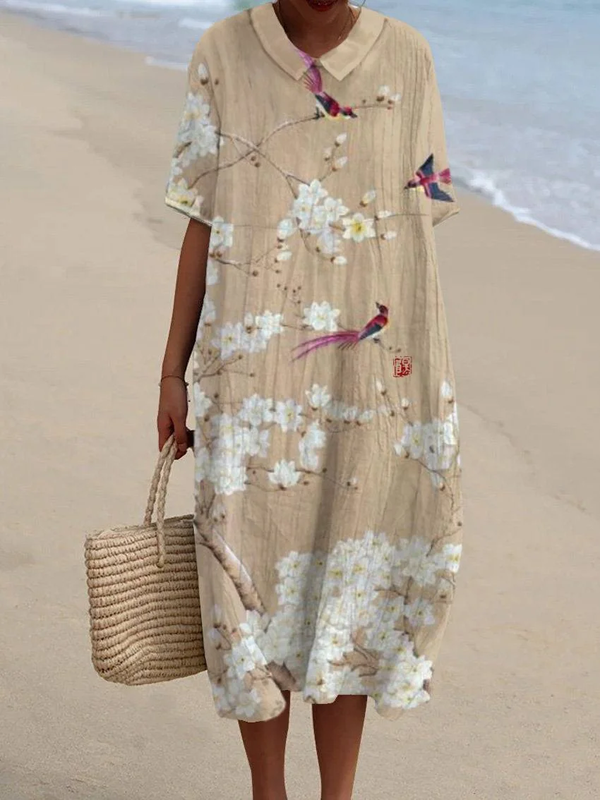 Women's Japanese Art Floral Bird Print Pocket Linen Dress（Convertible Dress With Front And Back Option）
