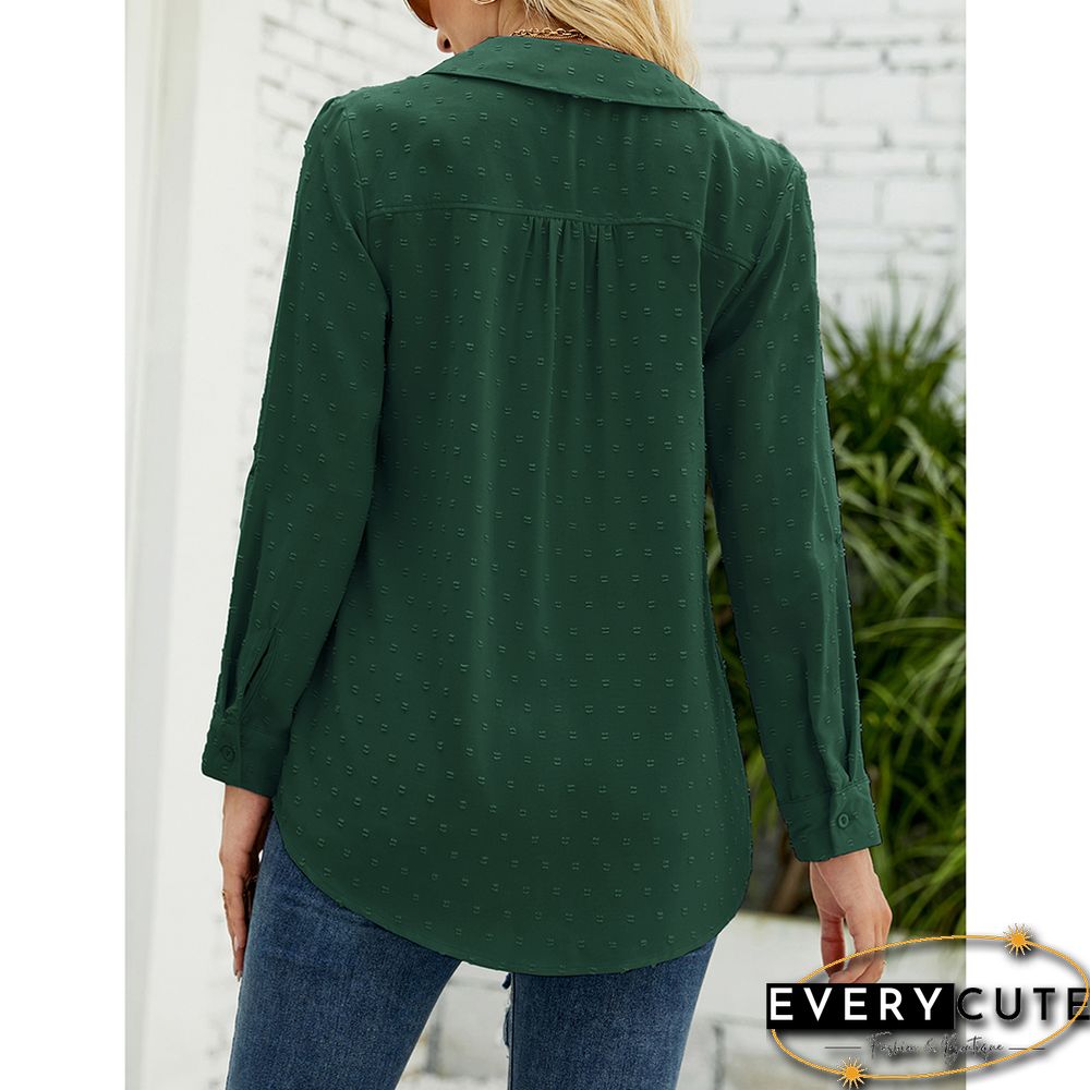 Green Swiss Dot V Neck Jacquard Long Sleeve Tops