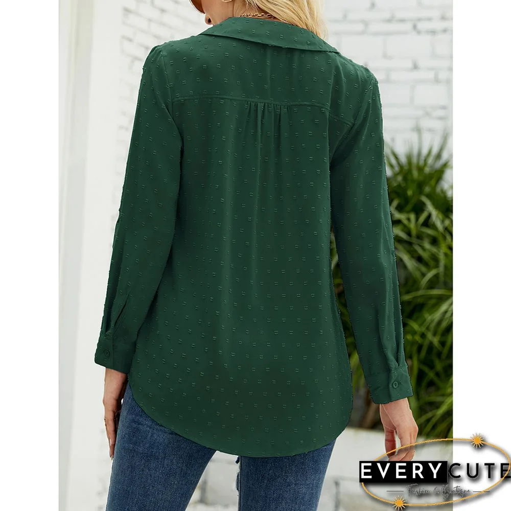 Green Swiss Dot V Neck Jacquard Long Sleeve Tops