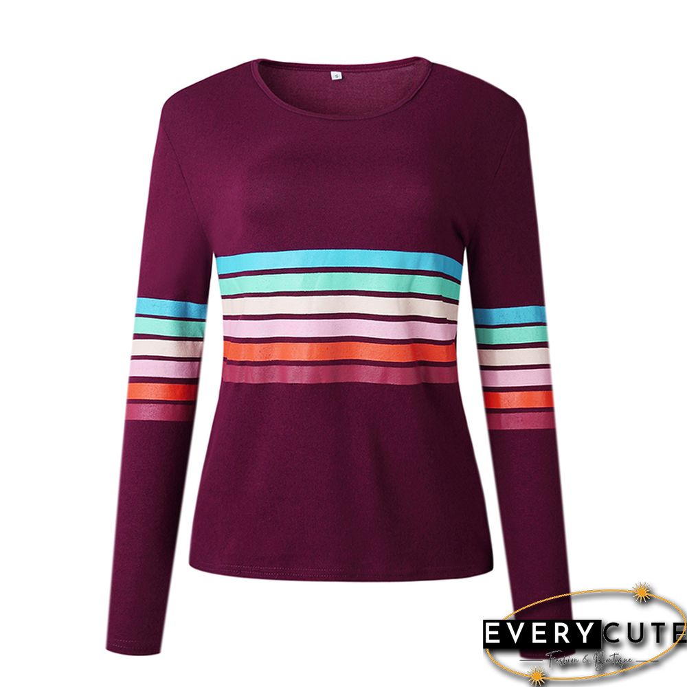 Wine Red Long Sleeve Colorful Strip Shirt