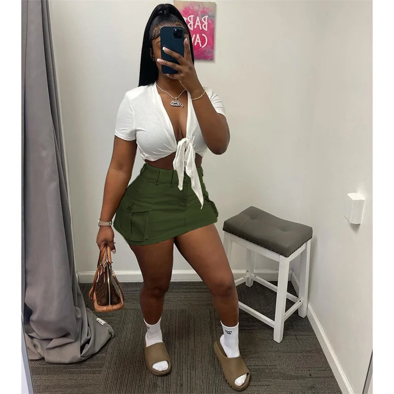 Women Solid Mini Cargo Skirts  High Waist Button Fly Side Pockets Bodycon Casual Skirt Spring Summer Streetwear