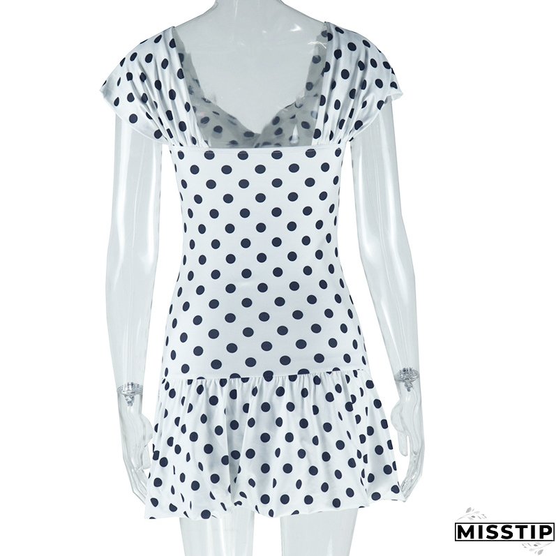 Women's fashion polka dot print sexy hollow off-shoulder short-sleeved casual bubble dress