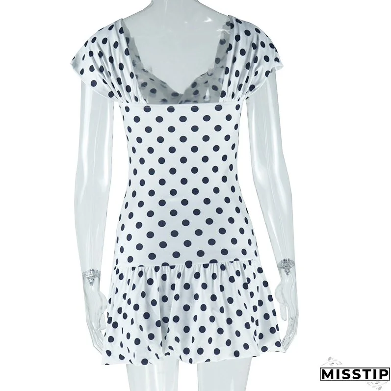 Women's fashion polka dot print sexy hollow off-shoulder short-sleeved casual bubble dress