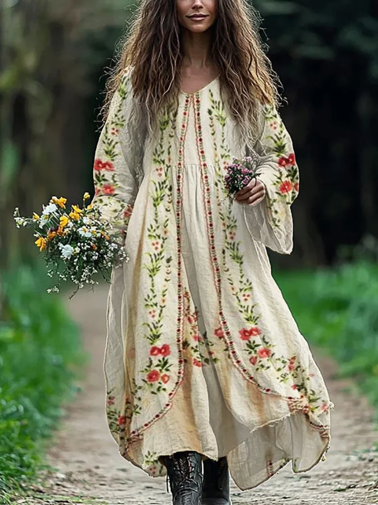 Vintage Boho Floral Flowy Linen Blend Maxi Dress