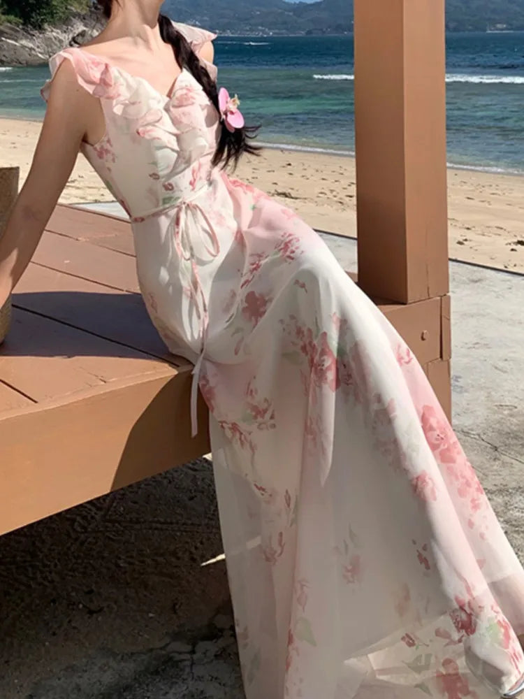 Aiertu New Summer Women Elegant Floral Casual Dress Sleeveless A-Line Beach Holiday Clothes with Belted Female Vestidos Long Robe Aiertu