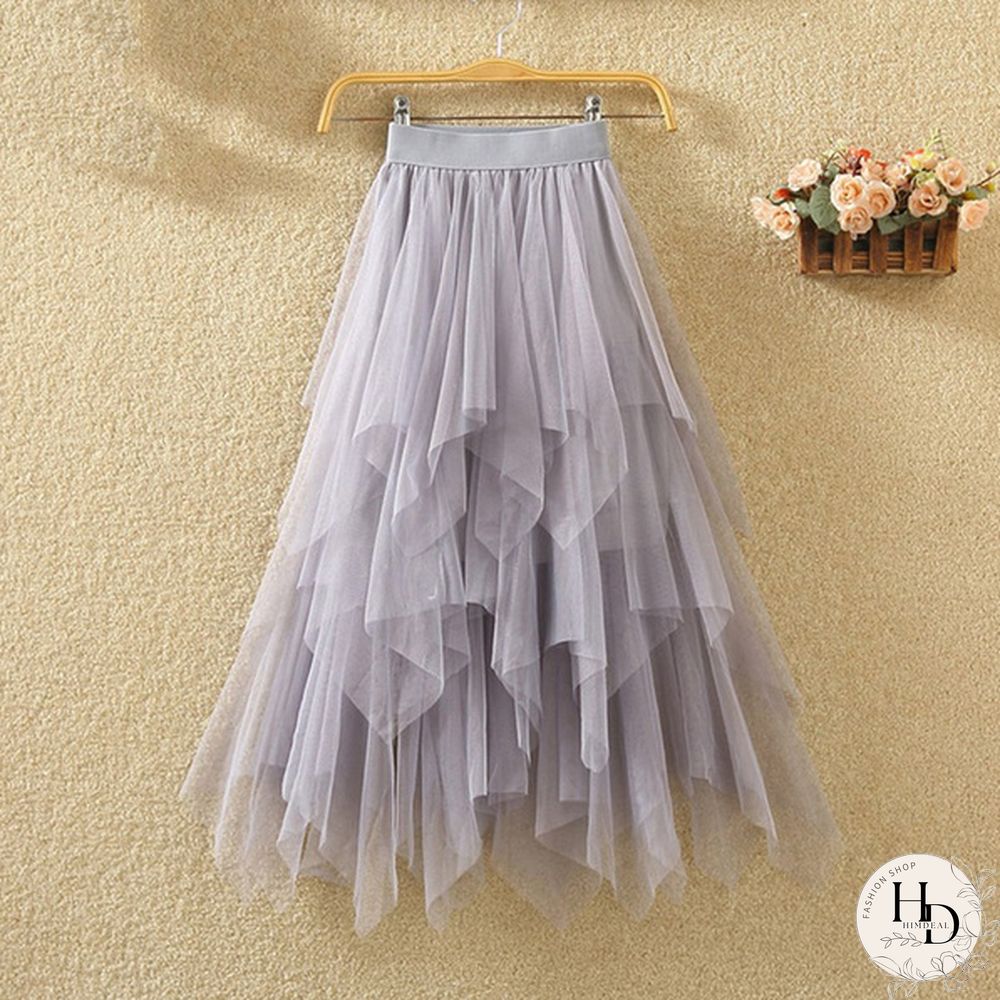 Black Irregular Mesh Gauze Women's Spring And Summer High Waist Wild Was Thin A Word Puff Skirt Skirt Long Skirt