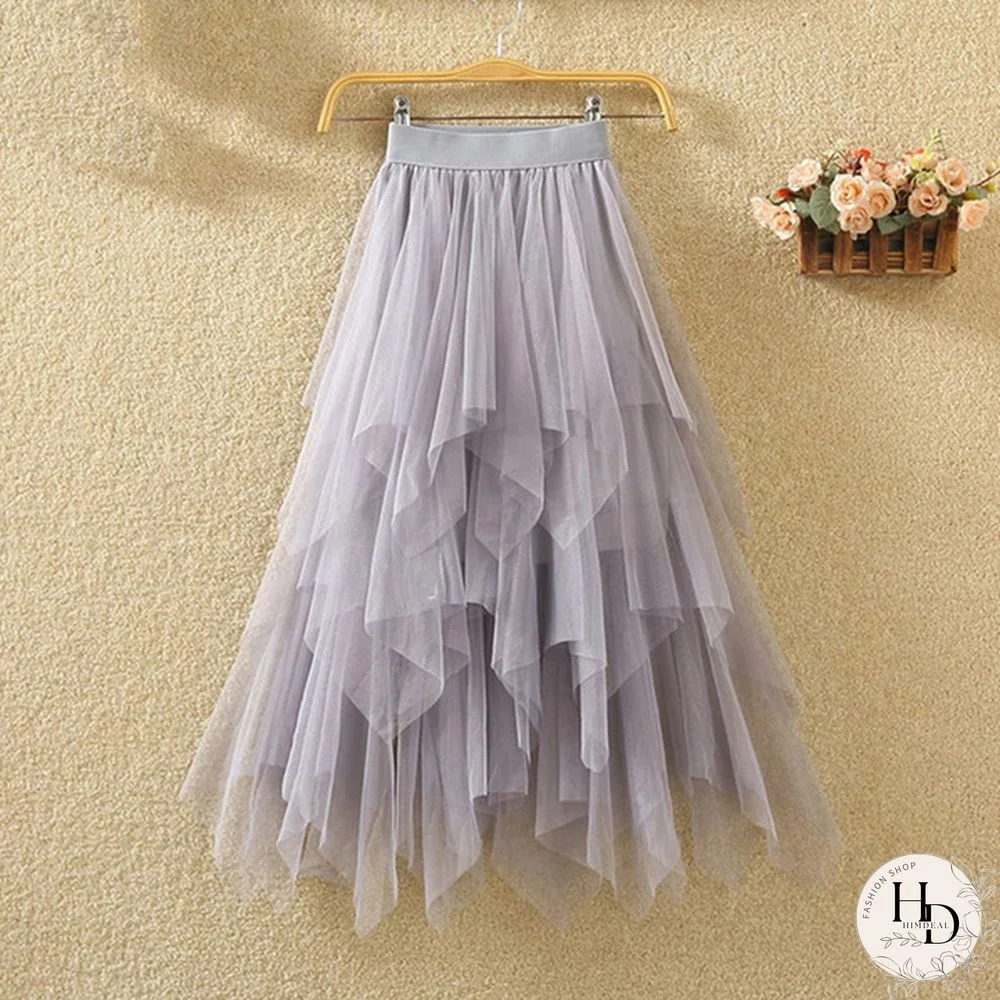 Black Irregular Mesh Gauze Women's Spring And Summer High Waist Wild Was Thin A Word Puff Skirt Skirt Long Skirt