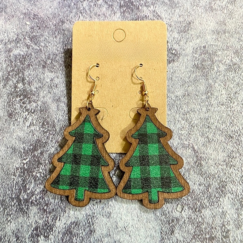 1 Pair Retro Christmas Tree Plaid Wood Drop Earrings