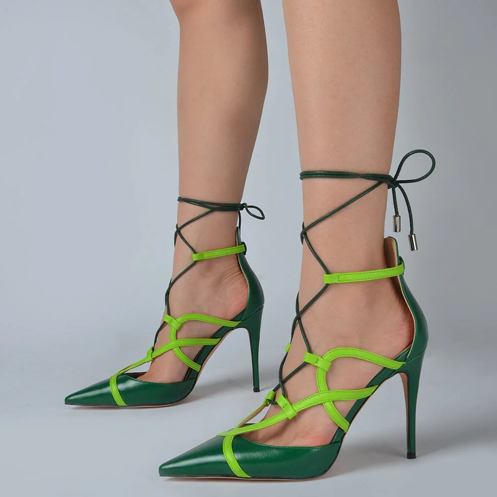 Green Gladiator Pumps Pointed Toe Strappy Stiletto Heels