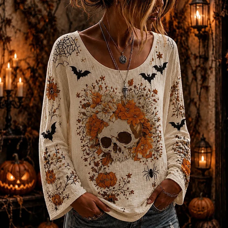 Women's Halloween Spooky Skull, Spiderweb & Pumpkin Long-sleeve Top