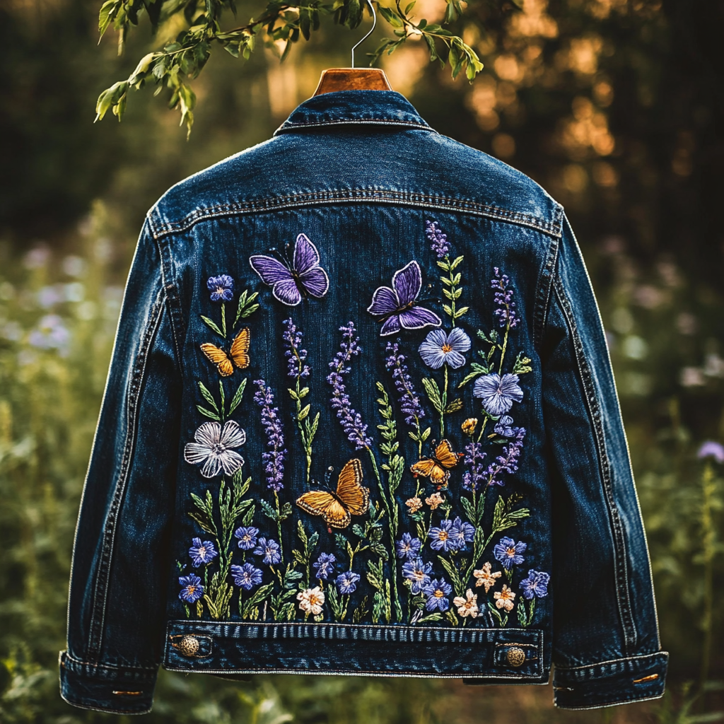 Comstylish Women's Lavender Floral & Butterfly Embroidery Art Denim Jacket