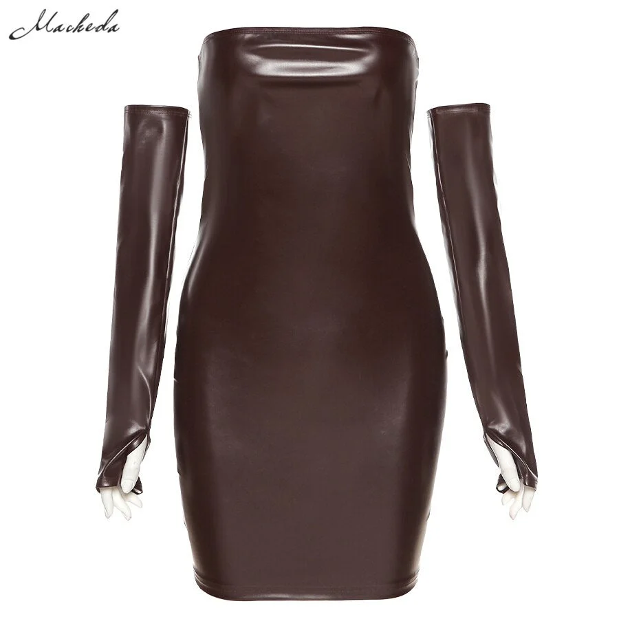 Macheda Autumn Sexy PU leather Slim Dress Women Removable Long Sleeve Strapless Fashion Clothing Lady Solid Mini Bodycon Dresses