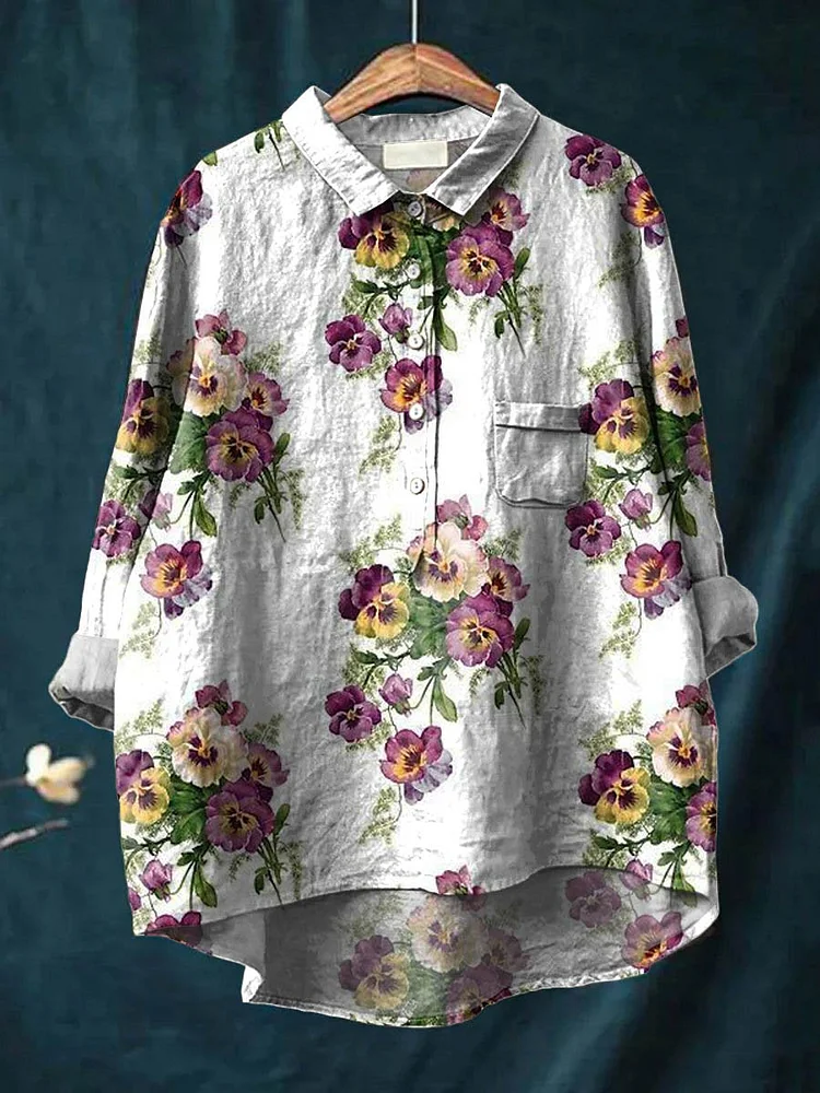 Women's Vintage Lovely Pansies Art Print Casual Cotton And Linen Shirt