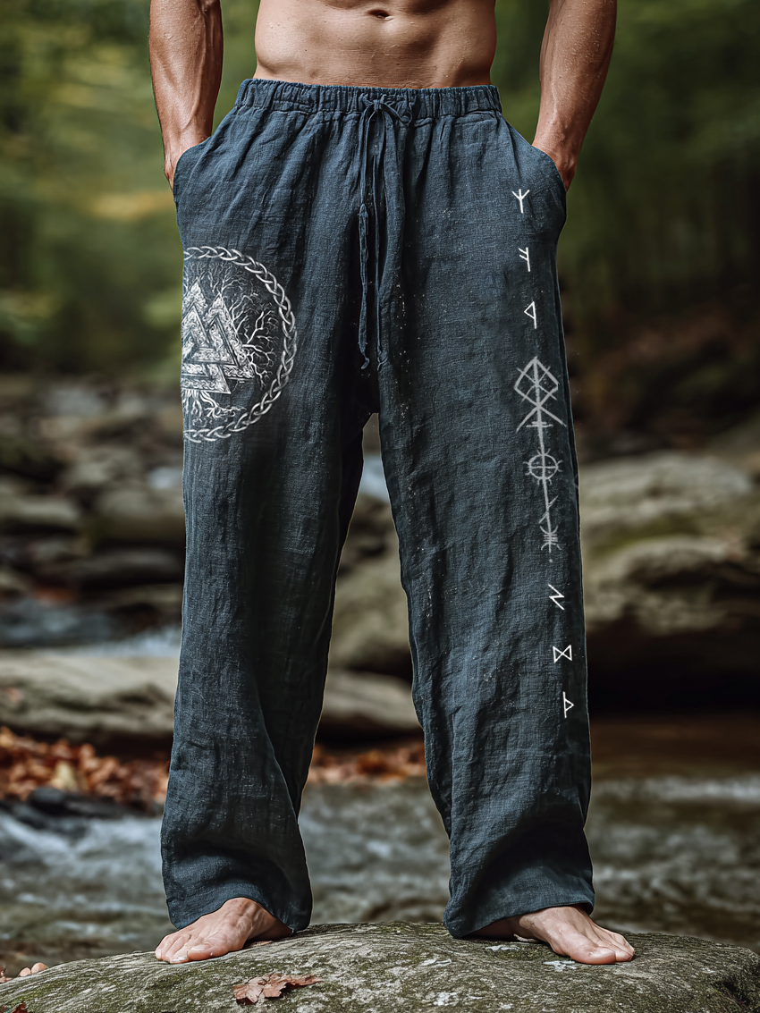Men's Viking Yggdrasill Rune Tree Of Life Totem Nordic Casual Linen Pants / Rvogue / Rvogue