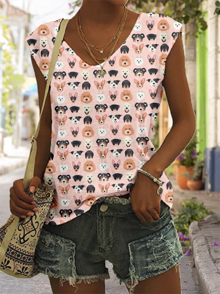Cute Puppy Dogs Pattern V Neck Tank Top