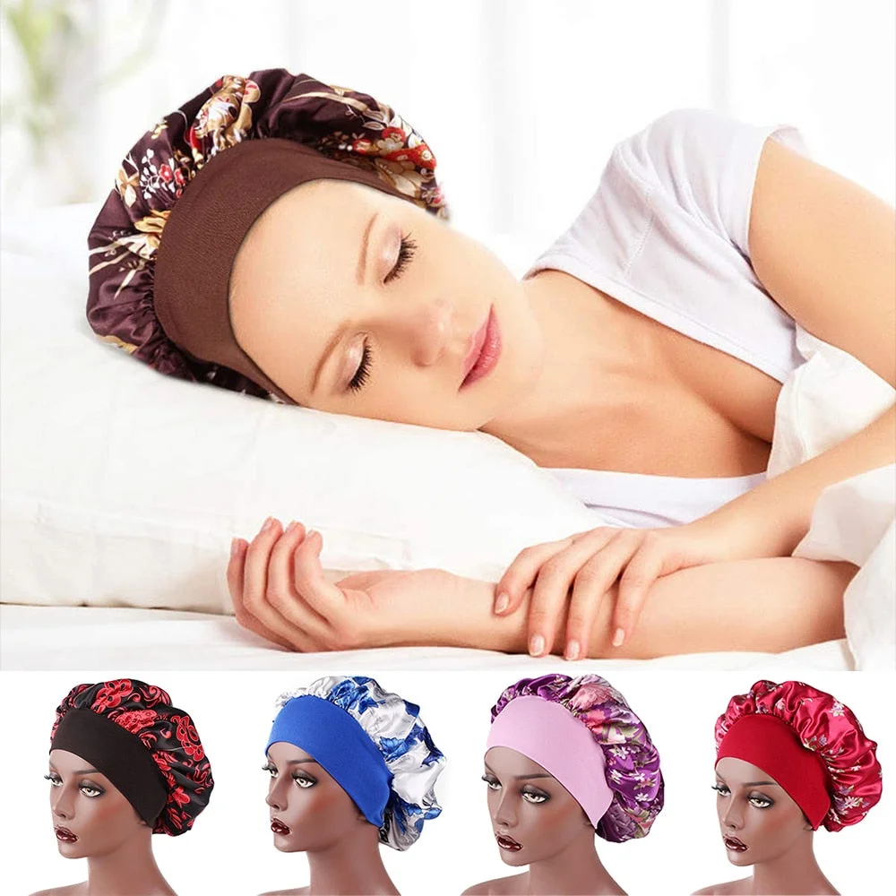 Printing Satin Bonnet For Women Elastic Wide Band Night Sleep Satin Hat Chemo Caps Hair Loss Cover Fashion Head Wrap Hair Care