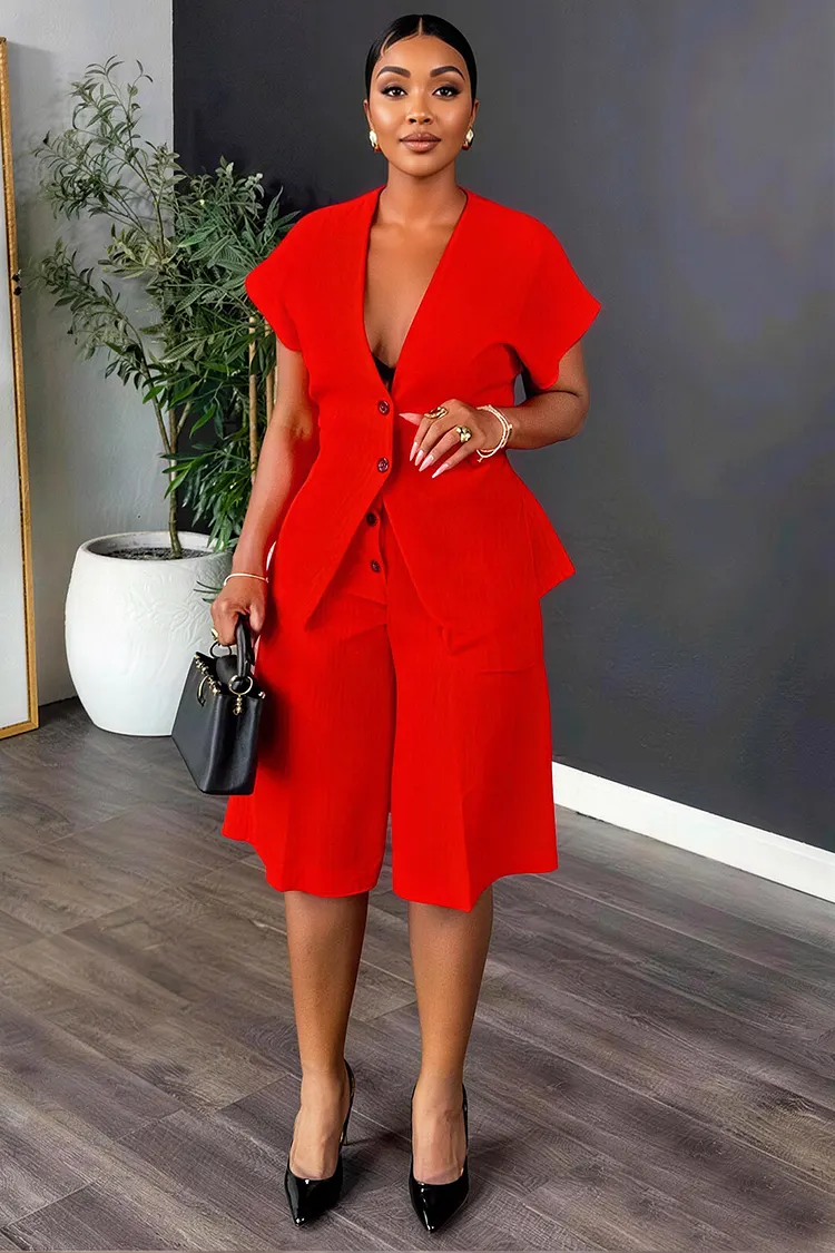 Xpluswear Design Plus Size Business Casual Red V Neck Short Sleeve Pocket Two Piece Short Sets [Pre-Order] 2024 - Xpluswear