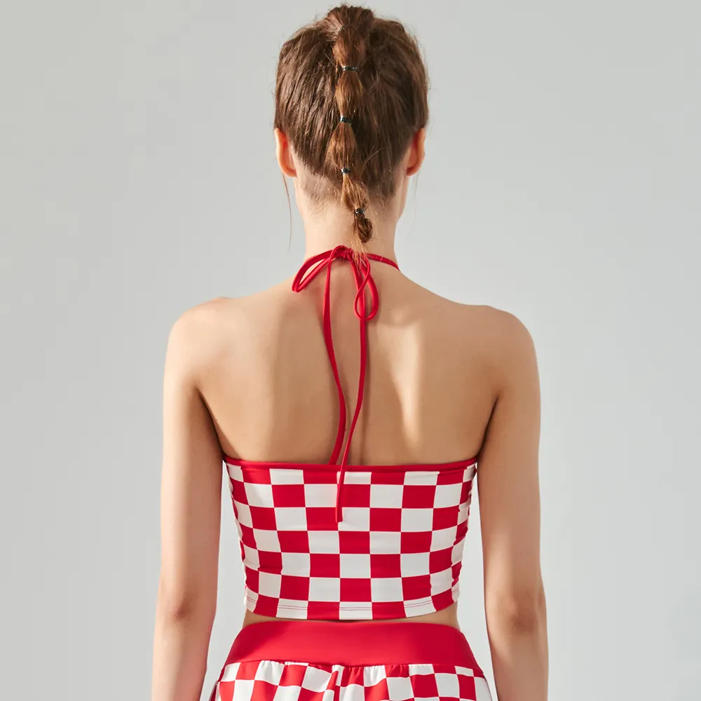 Buy Hergymclothing Red White Plaid high impact checkerboard print open back workout halter neck gym top bra at an affordable price