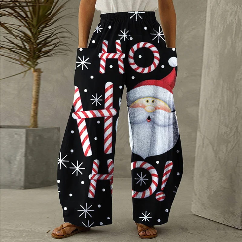 Cartoon Christmas Santa Printed Women Casual Loose Wide-leg Pants