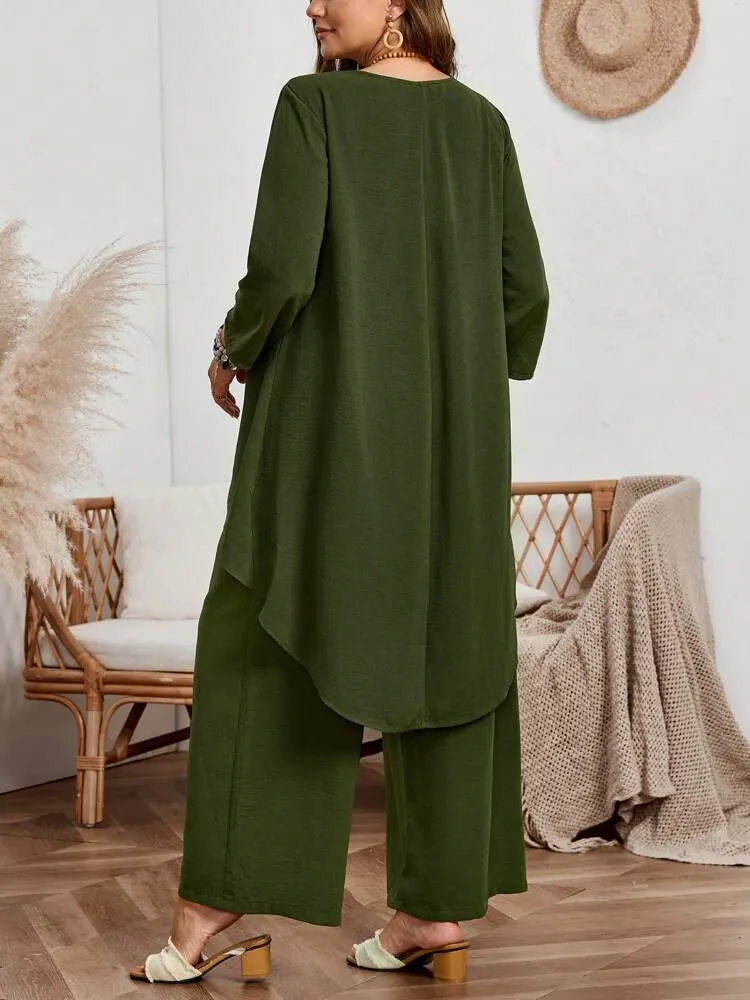 2pcs Plus Size Vacation Casual Solid Asymmetric Hem Long Sleeve Top And Pants Set