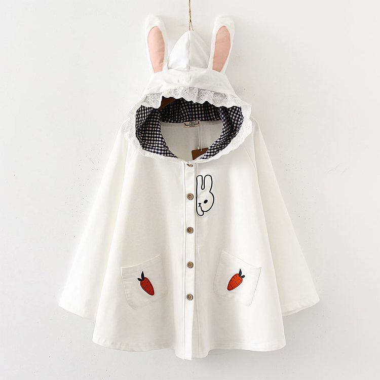 Cute Strawberry Embriodery Bunny Ears Hooded Cloak Coat - Modakawa Modakawa