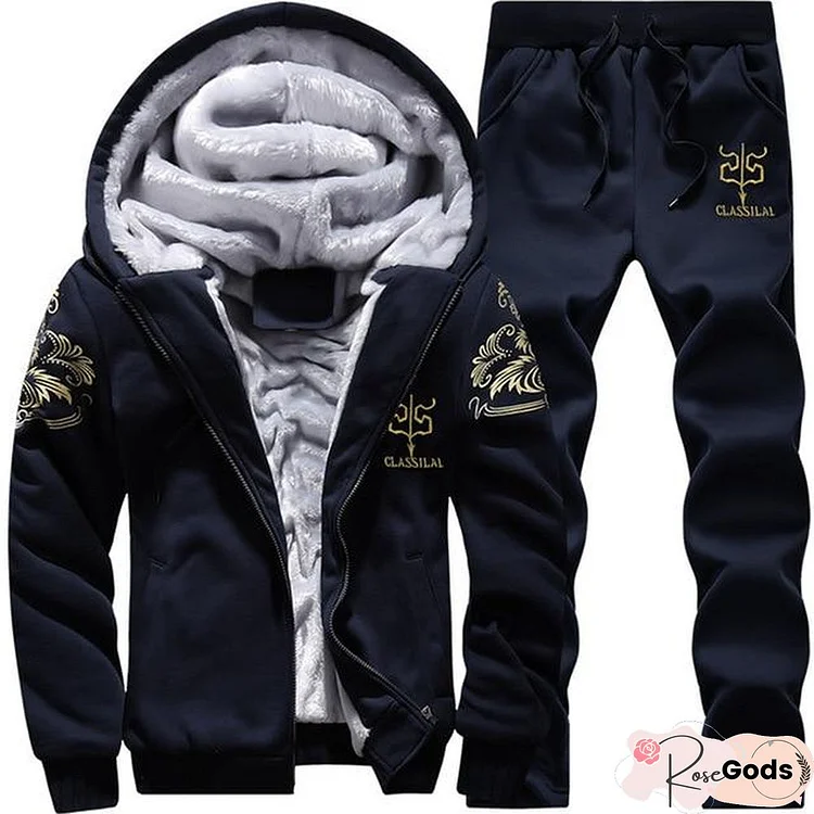 Men Fleece Warm Printed Coat Hooded Pullover Hoodie Sweatshirts + Sweatpants Suit