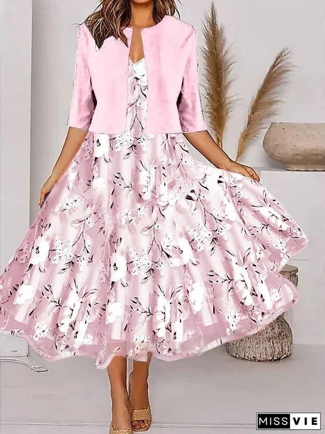 Women's Two Piece Dress Set Casual Dress Chiffon Dress Outdoor Daily Fashion Elegant Print Midi Dress V Neck Half