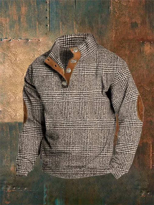 Men'S Plaid Printed Button Long Sleeve Casual Sweatshirt