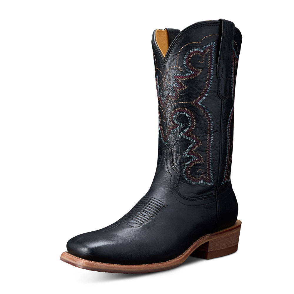 Black Embroidered Square Toe Chunky Heel Mid-Calf Cowgirl Boots Nicepairs