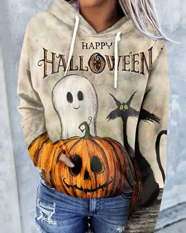 Women's Halloween Print Hooded Long Sleeve Sweatshirt