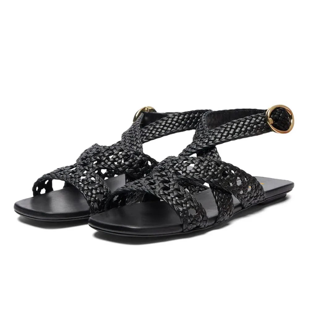 Open Square Toe Braided Strappy Flat Summer Sandals in Black