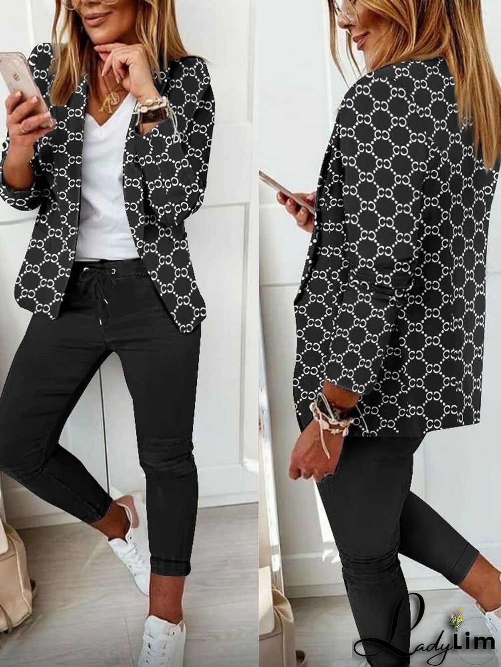 Casual Colorblock Allover Pattern Blazer & Pants 2 Pcs Set