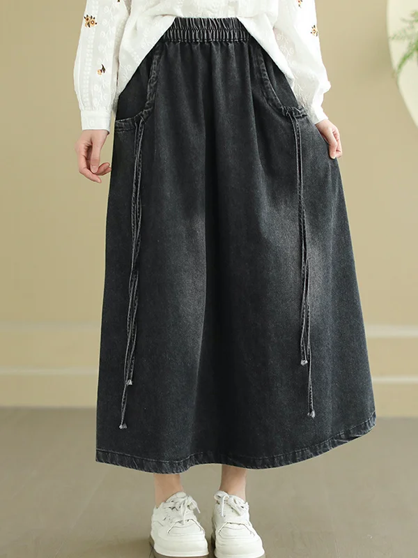 Tied Pockets Elasticity Loose A-Line Skirts Bottoms