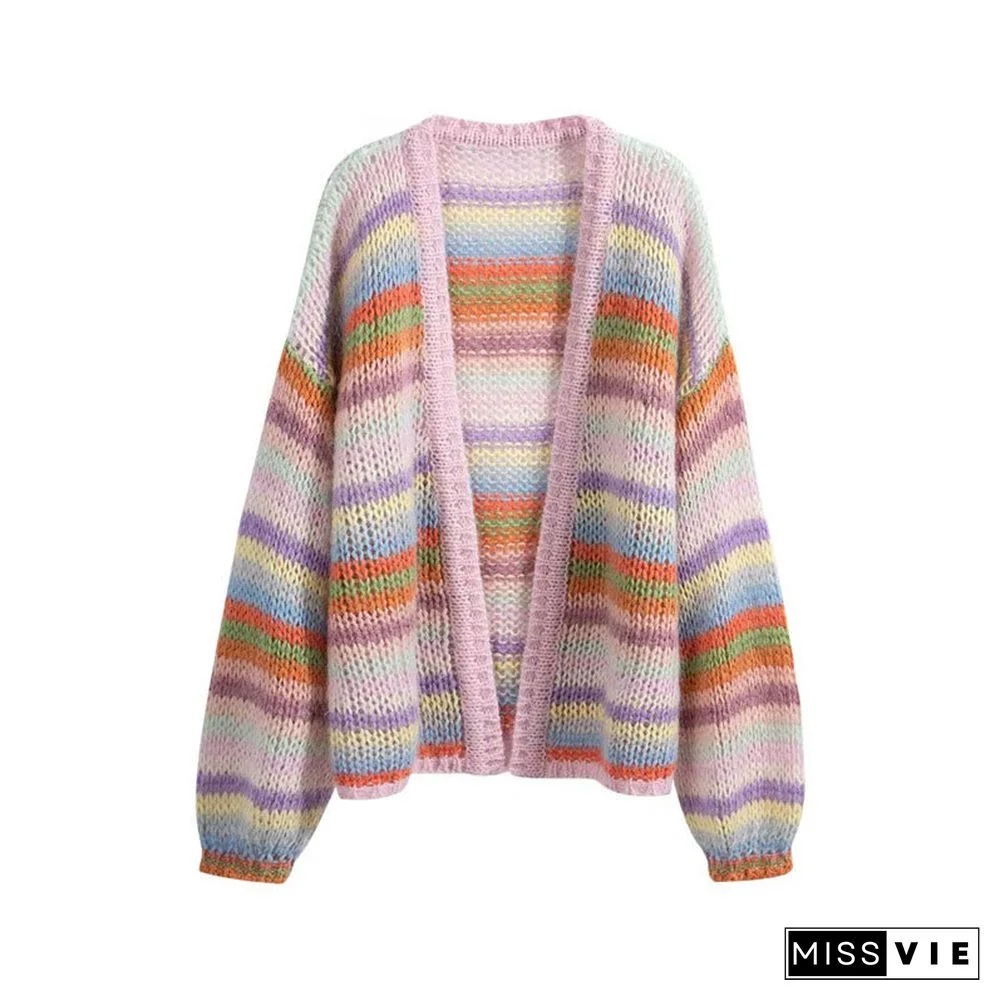 Colorblock Stripe Rainbow Knit Cardigan Sweater