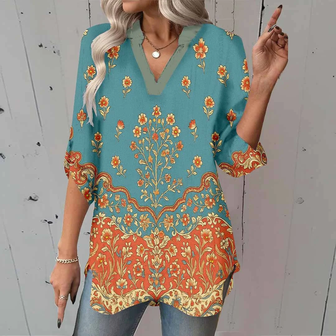 Women Retro, Blue, Orange DZGA0360 3/4 Sleeve V-neck Printed Graphic Button Tops